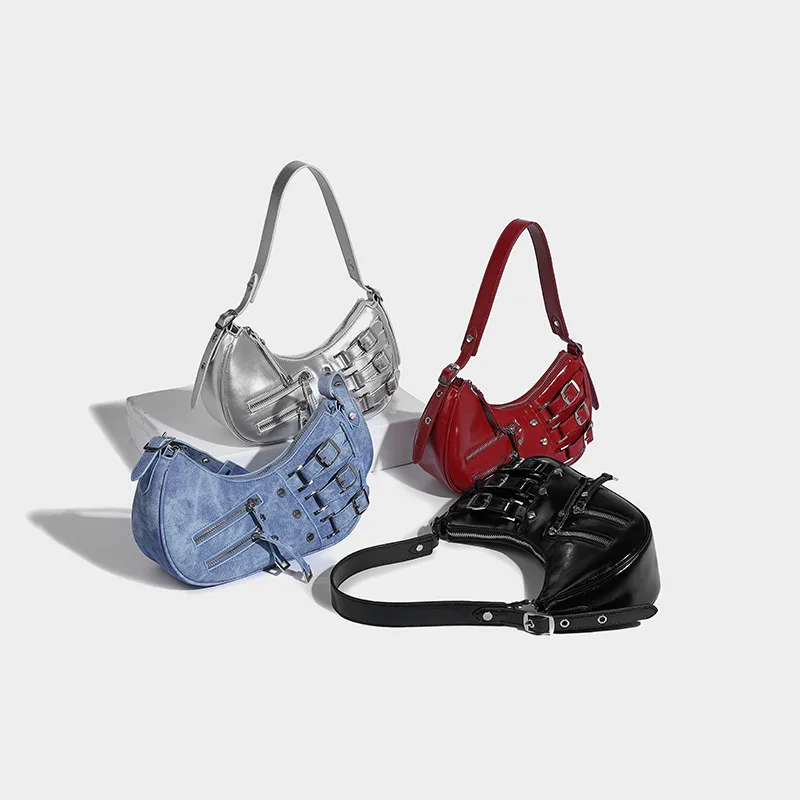 

Withered Fashion Girls American Retro High Street Punk Style Zipper Multicolor Leather Underarm Bag One Shoulder Tote Bag Women