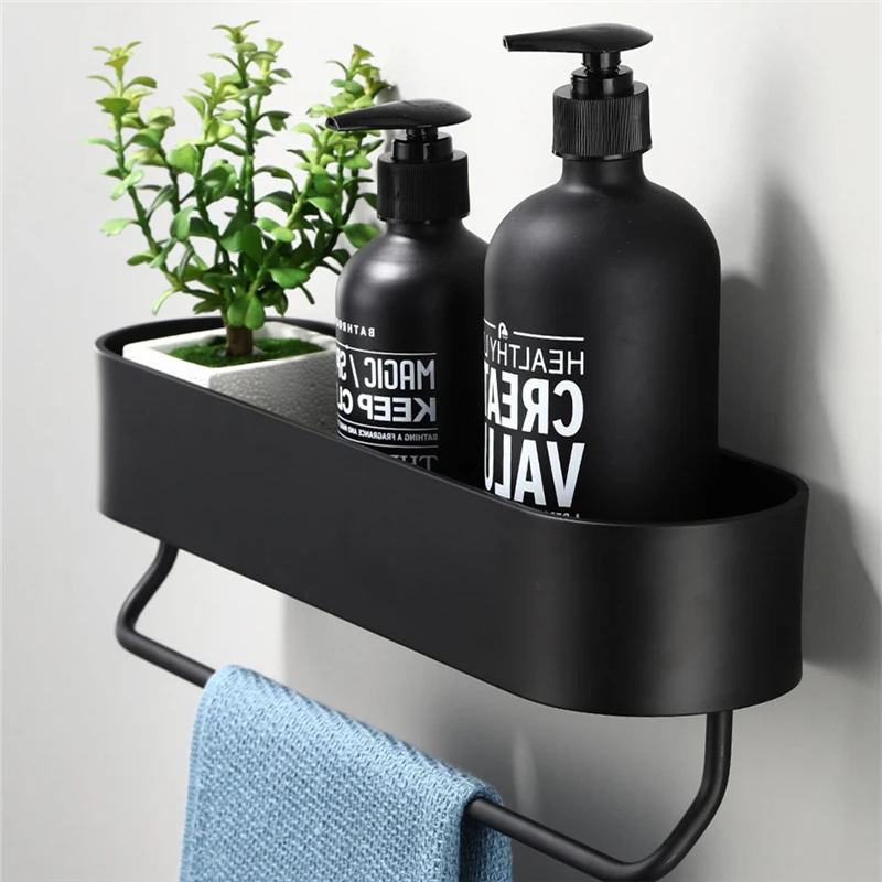 Black Bathroom Shelf Shower Basket Kitchen Storage Rack With Towel Bar Cosmetics Wall Shelves Bathroom Accessories 3