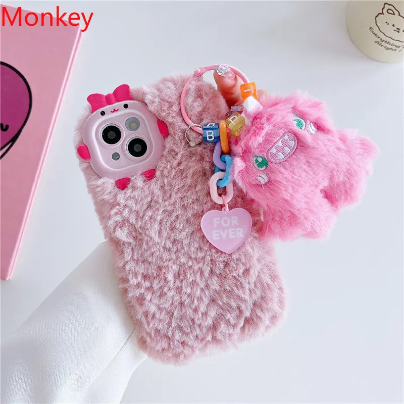 

3D Cute Pink Monster Bow Soft Phone Case For iPhone 13 Pro Max Case 14 12 11 pro max Winter Warm Fluffy Plush Back Covers Fundas