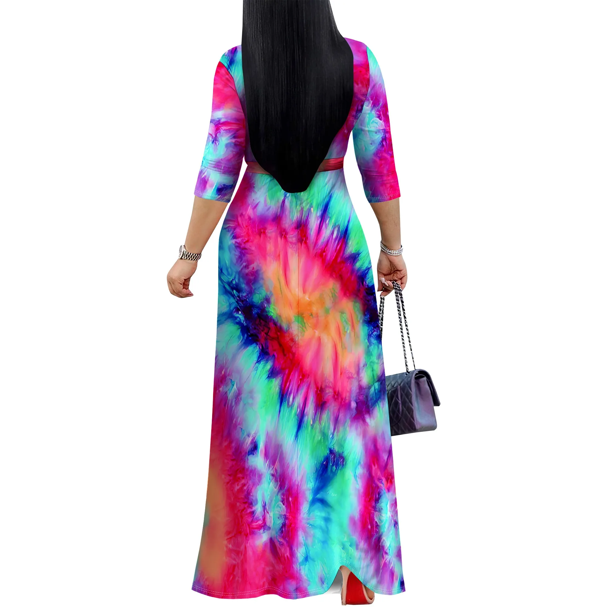 Damen-Maxikleid mit 3/4-Ärmeln, V-Ausschnitt, Damen, mit Tasche und Bel, langes Kleid, modisch, bedruckt, geteilter Saum, Club, Party, lässig, Urlaub – Detail 5