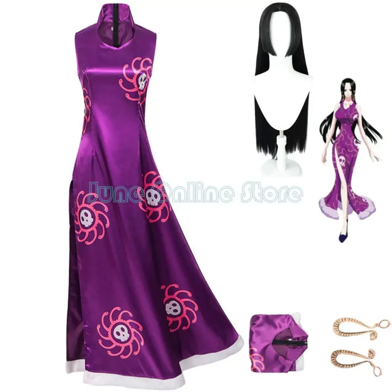 

Anime Boa Hancock Cosplay Costume Warlords of The Sea Empire Purple Printing Chi-pao Dress Woman Sexy Carnival Halloween Suit