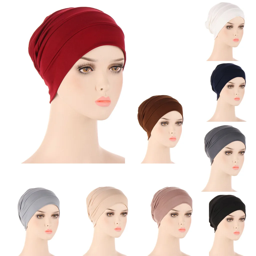 

Turban Hat Solid Color Women Warm Winter Headscarf Bonnet Inner Hijabs Cap Muslim Hijab Femme Wrap Head