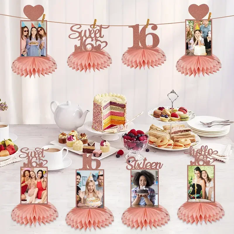 8Pcs Happy 16th Birthday Decorations Sweet 16th Birthday Photobooth Props Honeycomb Centerpiece Pink Rose Golden Party Supplies