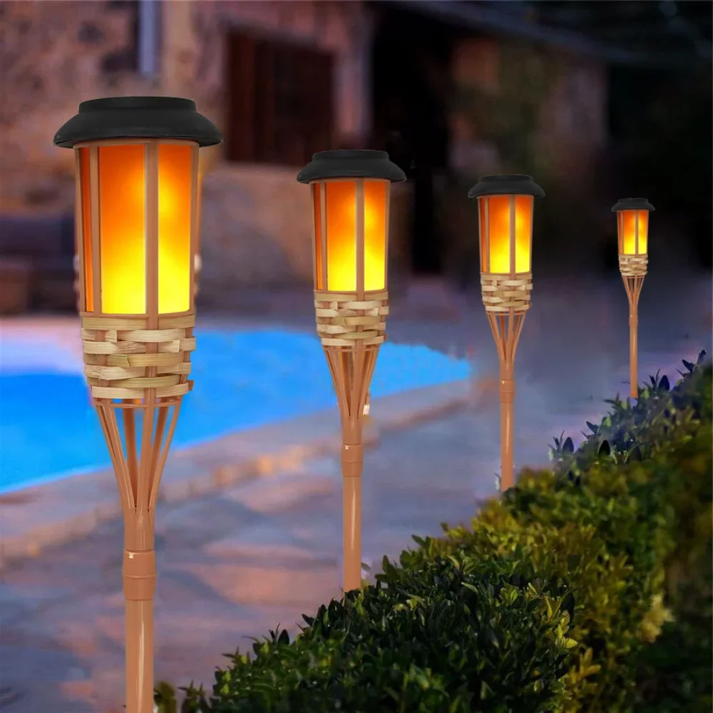 Solar Lamps Lawn Garden Outdoor Night Lighting Bamboo Torch Light with Flickering Flame Yard Landscape Lights Ground LED Lights