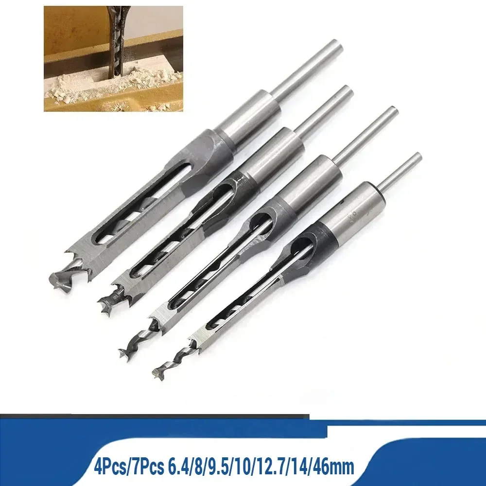 

4Pcs/7Pcs Square Hole Twist Wood Drill Bit Set 6.4/8/9.5/10/12.7/14/46mm Mortising Chisel DIY Woodworking Drill Hole Tools