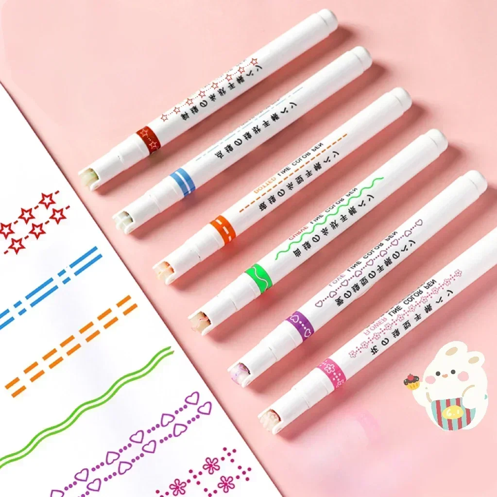 6Pcs Color Heart Flower Star Lace Contour Curve Highlighter Scrapbook DIY Decor Line Pens Notebook Highlight Key Mark Stationery highlighter pen highlighter marker