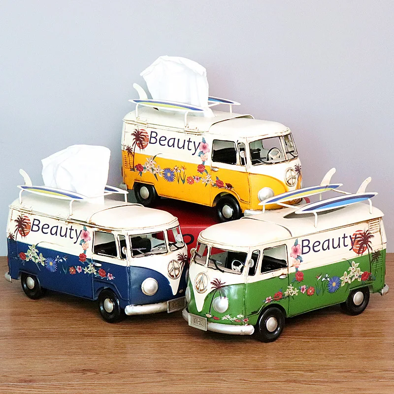 

Retro Flower Bus Model Figurines Tissue Box Car Tissue Dustproof Tissue Iron Storage Box For Office Home Decoration Art Crafts