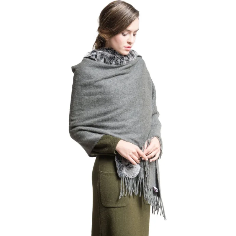 Quastenbesatz 100% Wolle mit Echtem Rex-Kaninchenfell Einfarbiger Schal Modisches Accessoire für Damen – Detail 7