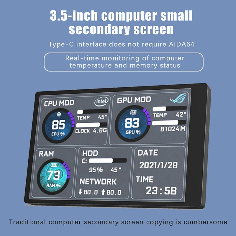 신상 3.5 인치 IPS C타입 보조 화면 컴퓨터 CPU GPU RAM HDD 모니터 USB 디스플레이 자유로움 AIDA64용
