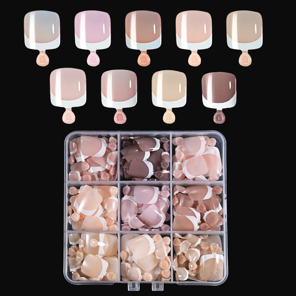 216Pcs 짧은 사각형 프렌치 팁 프레스 온 발톱 누드 자연 컬러 풀 커버 아크릴 가짜 발톱 소프트 젤 가짜 발가락 손톱