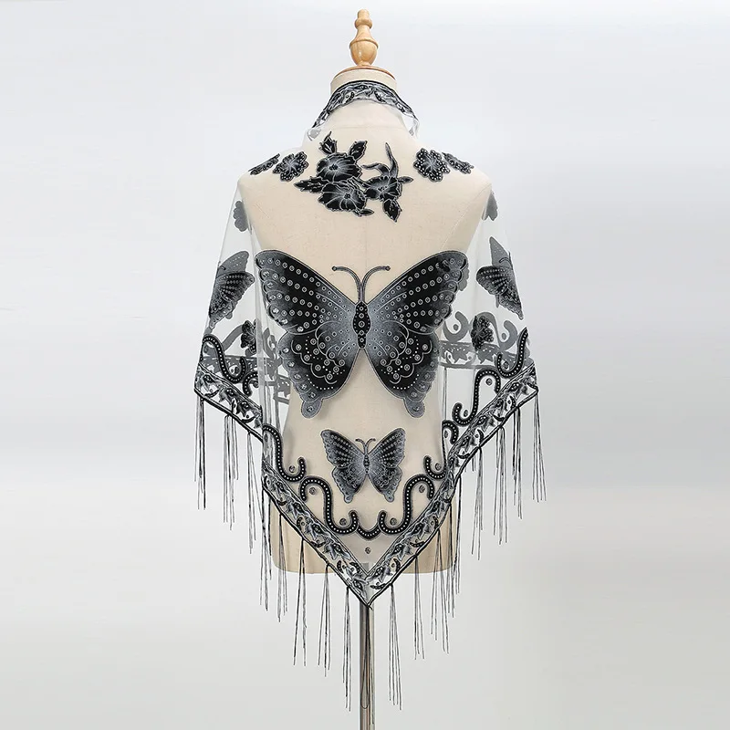 

Женский треугольный шарф с бахромой, однотонный ажурный кружевной шаль с вышивкой бабочки, 1 шт., 2023 х65 см, изысканная Шаль, Шарф