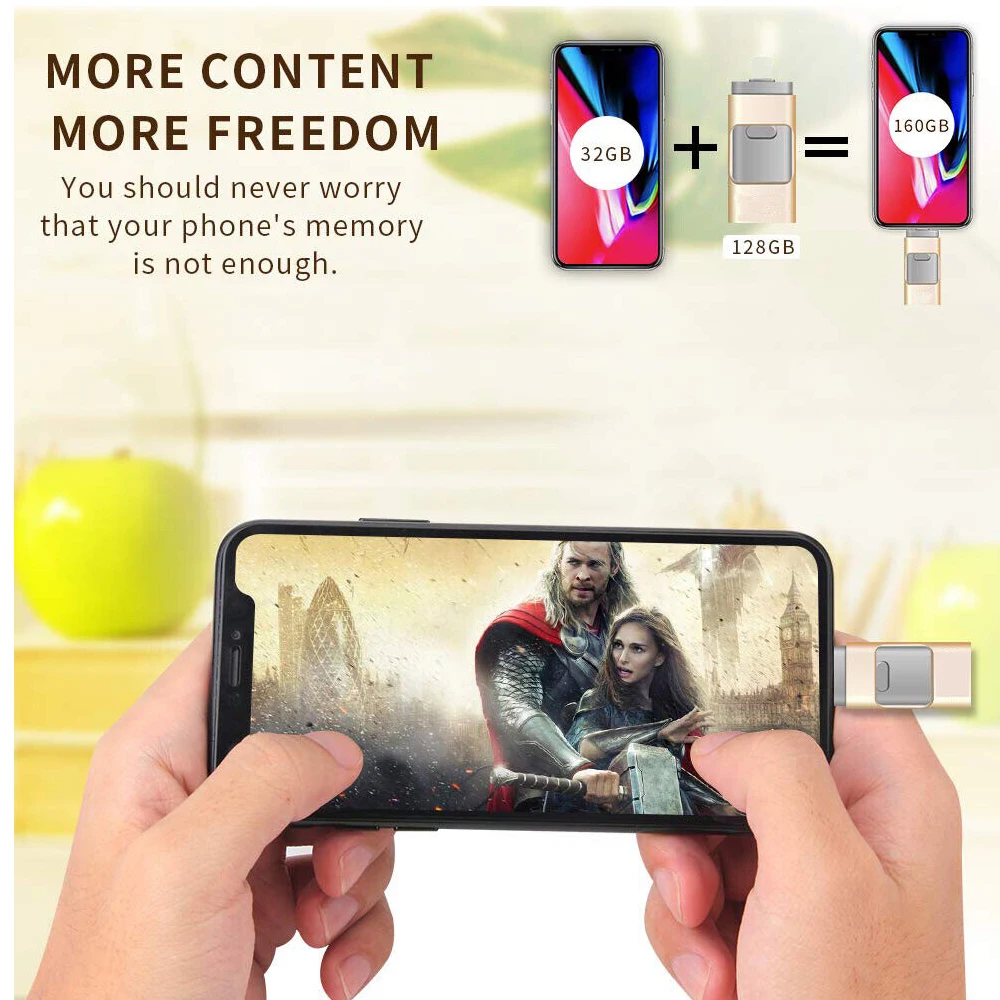 아이폰, 타입C, 안드로이드, PC용 4-in-1 USB 3.0 외장 플래시 드라이브, 간편 백업 및 파일 전송, 포토 스틱 메모리 스틱