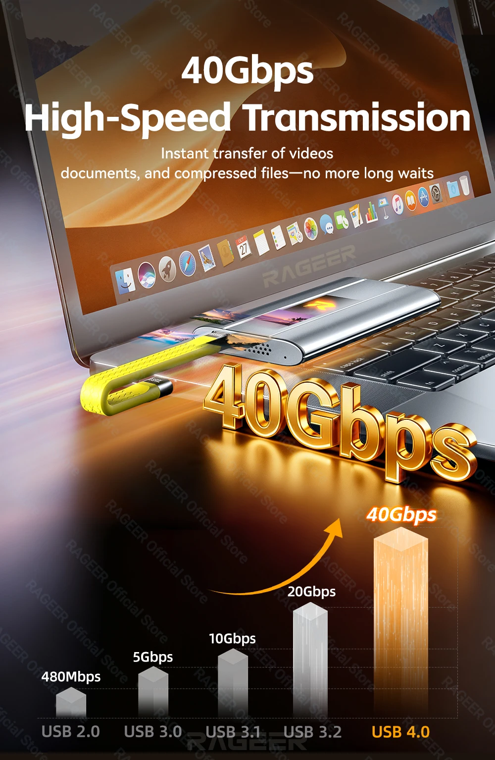 RAGEER USB4 Typ-C-Kabel – 40 Gbit/s Daten und 8K@60 Hz Video | PD 240W Aufladen | Zertifizierter E-Marker-Chip | Schnellladung und Datensynchronisierung – Detail 3
