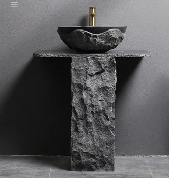 Black Granite Pedestal Sink, Bathroom Stone Sink, Washing Basin, Complimentary Matching Taps and Downcomers