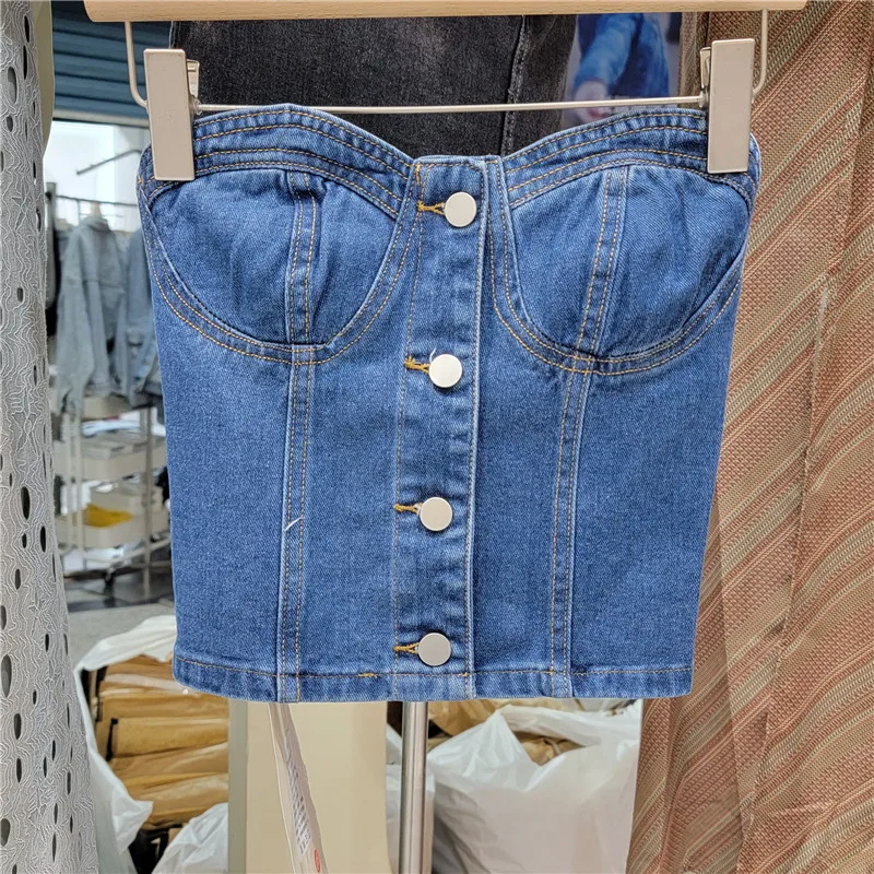 

2022 summer new Korean vintage sexy slim sleeveless denim cropped top women bustier tube top vest female fashion jean tank tops