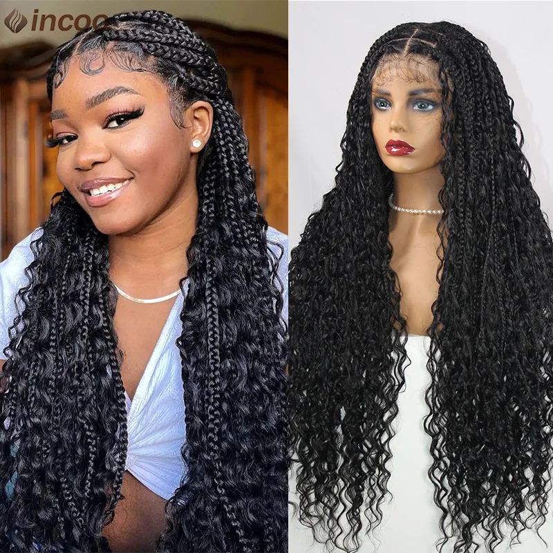 

Boho Box Braid Wigs 613 Blonde 32 Inch Synthetic Full Lace Front Braided Wigs Knotless Cornrow Braids Curly Lace Wigs For Women