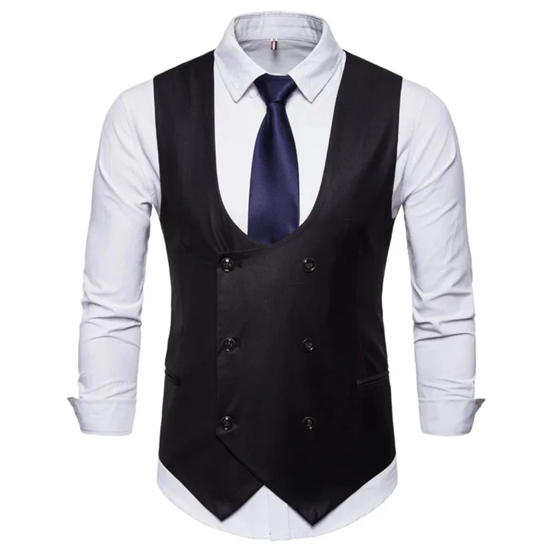 6 Buttons Men's Suit Vest Blue Solid Color Business Casual Vest Double-Breasted For Wedding Groomsmen Waistcoat Classic Fit