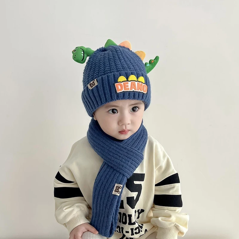 2 개/대 귀여운 공룡 어린이 니트 모자 스카프 겨울 야외 두꺼운 방풍 목 커버 소년 소녀 모직 따뜻한 어린이 Skullcap