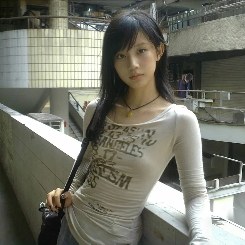 Karrram Japanese Y2k Letter Print T-shirt Trashy 2000s Style Long Sleeve Ribbed Tops Vintage Harajuku Streetwear American Retro