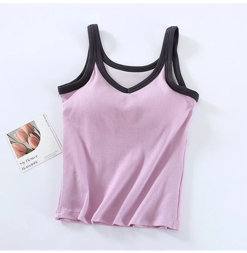 Einteiliger Pyjama V-Ausschnitt Hosenträger Brust gepolsterte Weste Damen schlanke Unterwäsche Kontrast farbe Baumwoll basis Hemd träger loses Oberteil – Detail 7