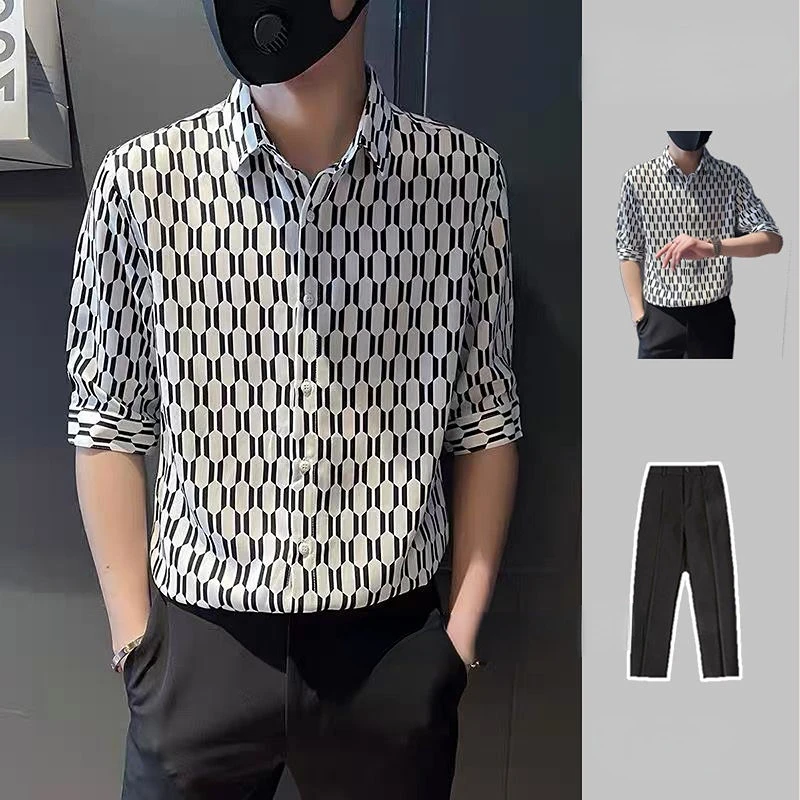 

Half Sleeve Men's Shirt and Blouse Geometric Original Cheap Brand Male Top Casual Regular with Collar Korean Style Cool Clothes