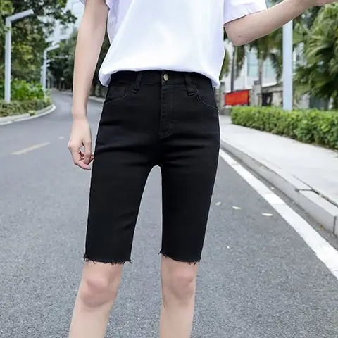 

Women Summer Pencil Pants Ladies Pockets Button Skinny Pants Casual Stretch Knee Length Trousers Female Slim Jean Shorts U120
