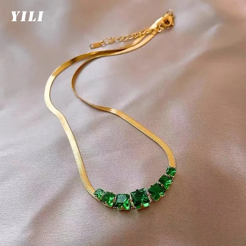 2022 New Fashion Green Crystal Stainless Steel Necklace for Women Gold Snake Chain Choker Necklaces Non Fading Party Jewelry
