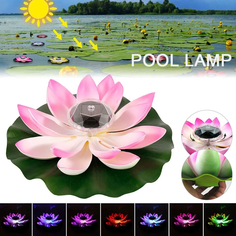 LED Floating Lotus Light Solar Powered Lotus Lamp with 7 Colors RGB Waterproof Water Floating Night Lamp for Garden Pool Party
