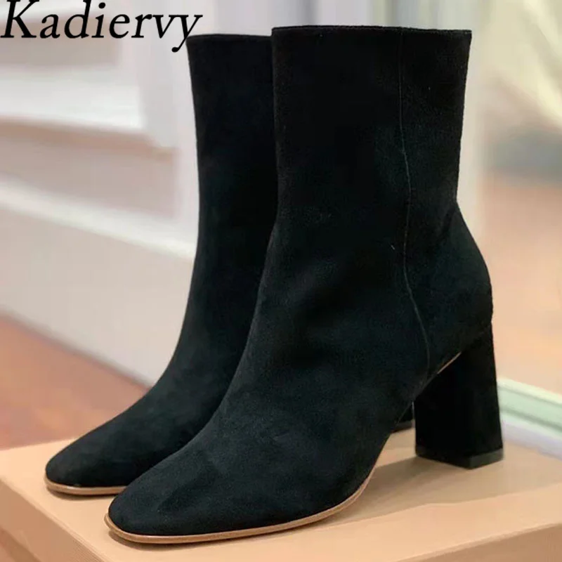 

Suede Leather Chunky Heels Ankle Boots For Women Round Toe Runway Party Shoes Women High Heels Short Boots Woman Booties Female