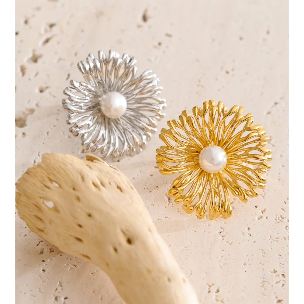 Yhpup Adjustable Ring Stainless Steel Pearl Flower