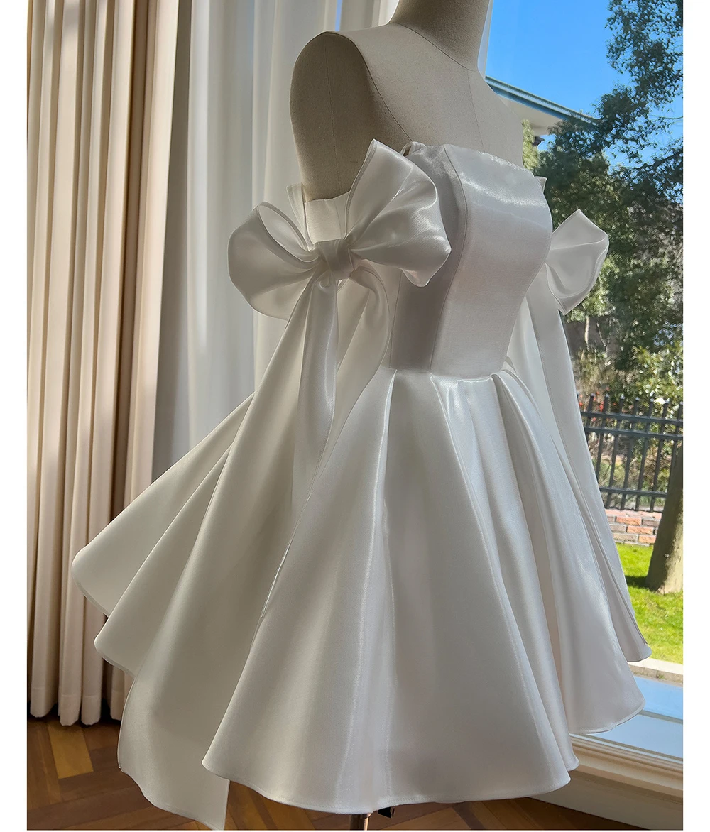 White Satin Bow Spaghetti Straps Cocktail Dress Detail 4