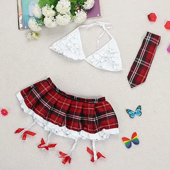 Women Lingerie Set Naughty Costume 2 Piece Fancy Dress Uniform Tie Crop Top and Plaid Mini Skirt Lace Babydoll Nightwear Outfit 1