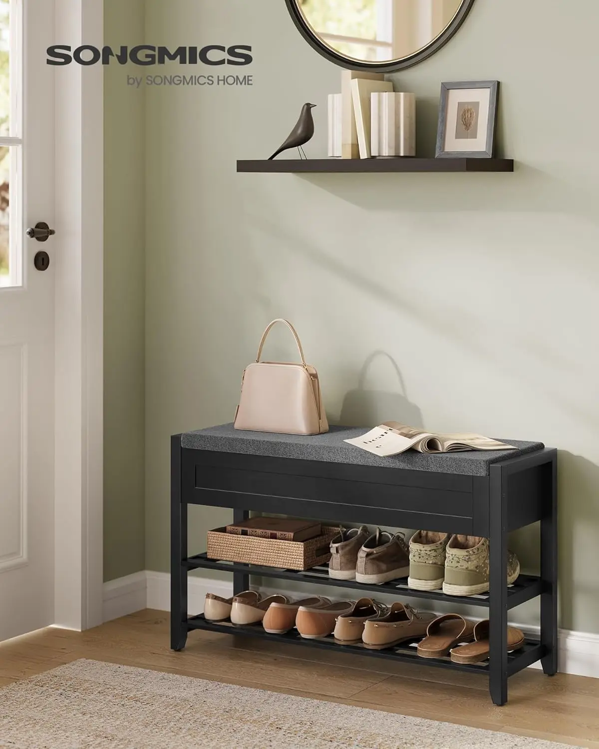 Storage Bench, Bamboo Shoe Rack, Entryway Furniture, 31.5 Inches Wide, Hidden Storage Compartments, 2-Tier Shoe Shelves