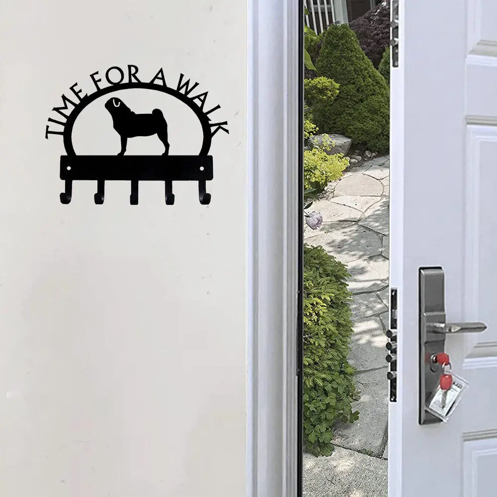 

Pug Time for A Walk Key Rack Dog Leash Hanger Metal Wall Hook for Living RoomLiving Room/Home Decoration