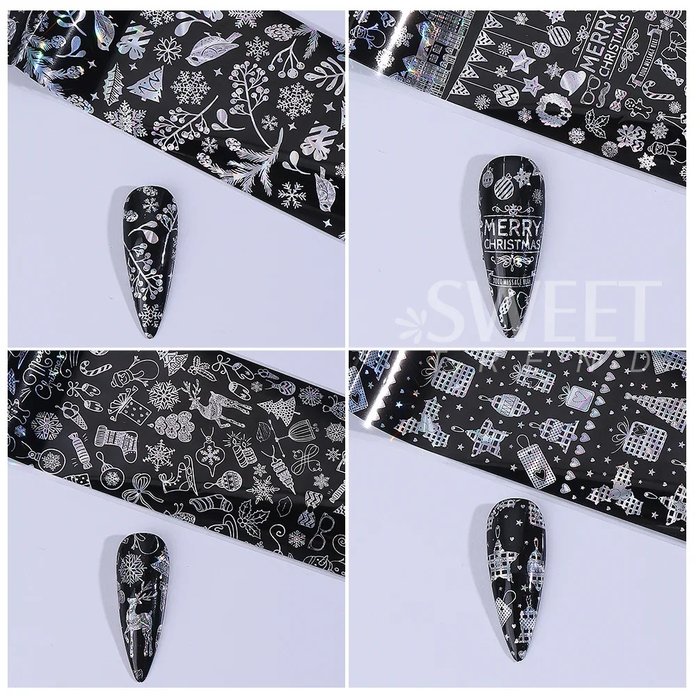 10pcs Laser Christmas Nail Foils Set Winter Stars Snowflakes Gift Gingerbread Man Transfer Foils Sheets Nail Manicure Decoration