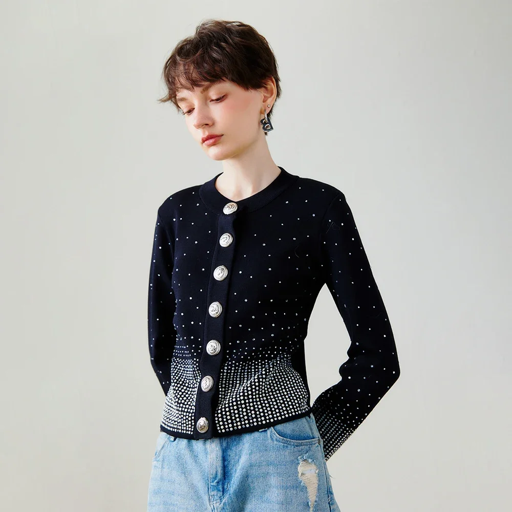 

Women Fashion O Neck Black Diamonds Beading Short Knitting Sweater Female Chic Long Sleeve Cardigan Buttons Coat Tops