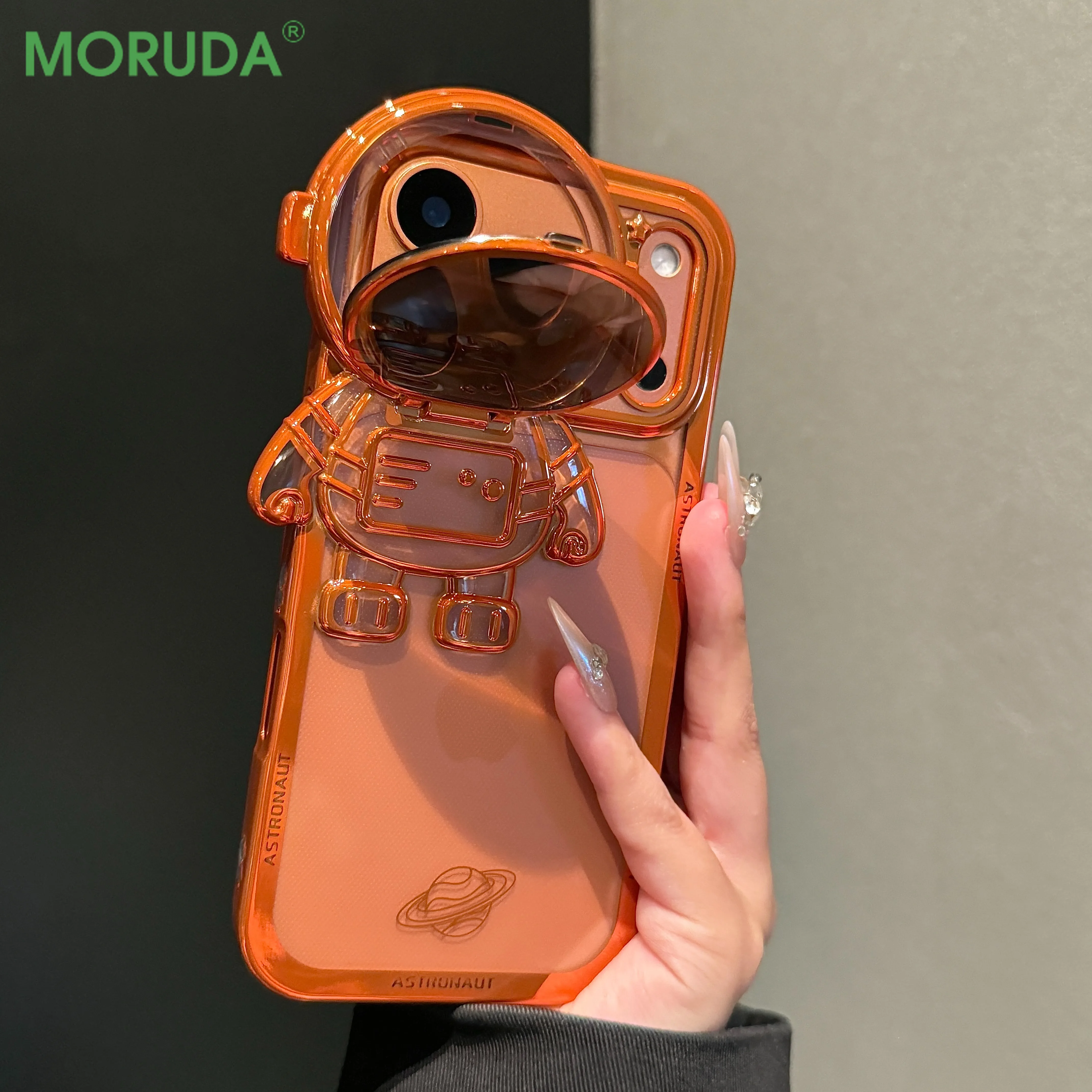 Cosmic Cartoon Electroplated Phone Case with Camera Protection and Built-in Stand