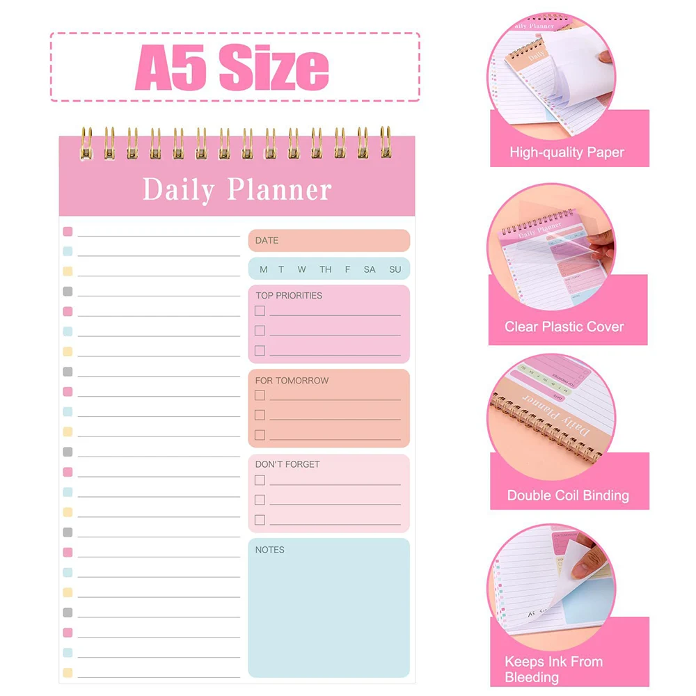 A5 Daily Planner Spiral Notebooks Time Management Organizer with Top Priorities To-Do List notes for Students Office 5Pcs/Set