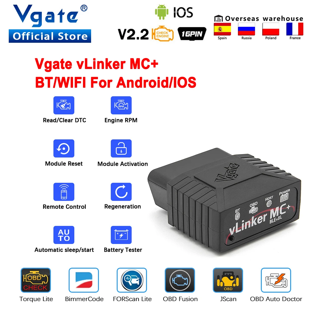 Vgate vLinker MC+ ELM327 V2.2 OBD 2 OBD2 Scanner WIFI BimmerCode FORScan Bluetooth-Compatible for IOS PK OBDLINK ELM 327 V 1 5 small car inspection equipment