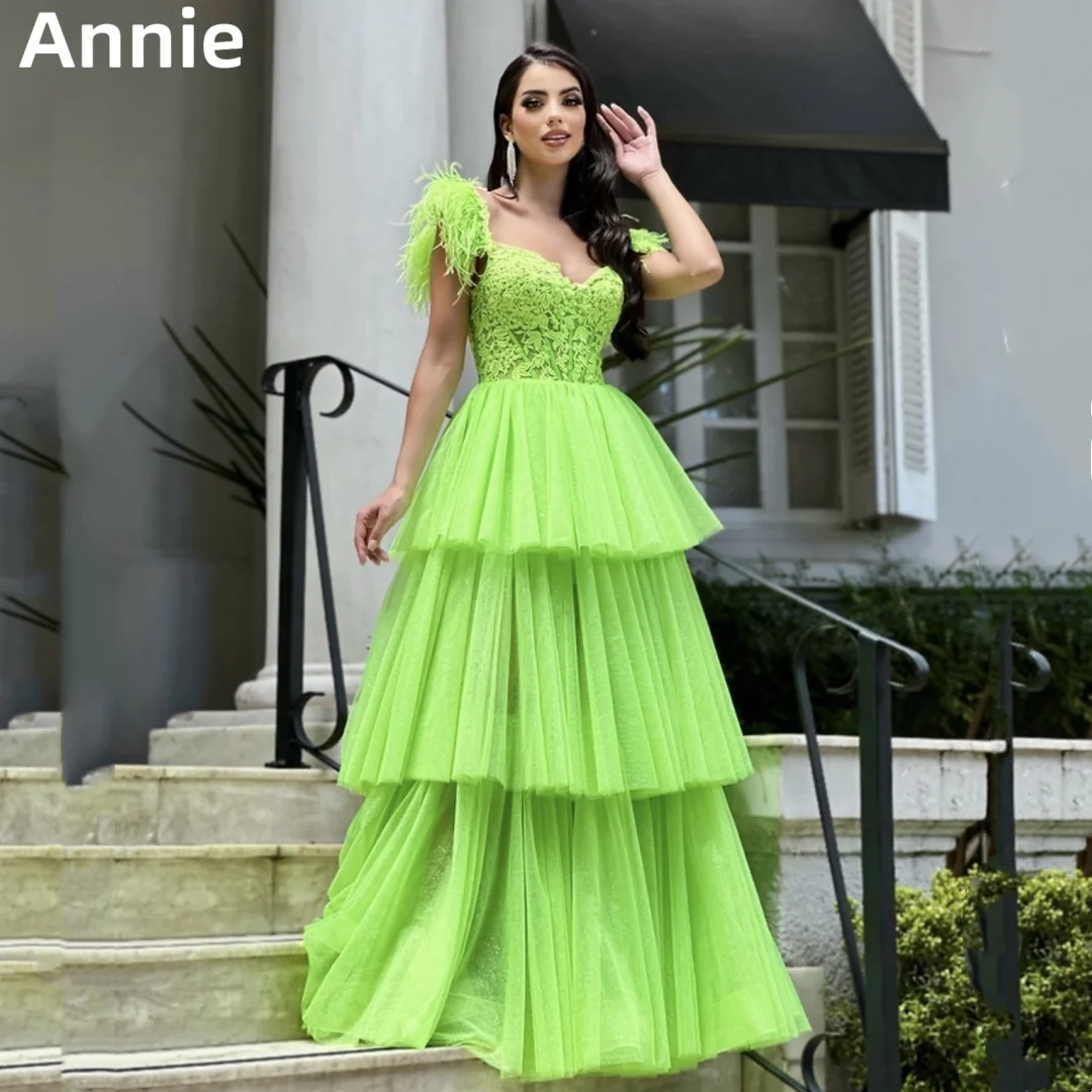 

Annie Fluorescent Green Princess Prom Dresses Embroidered Feathers Prom Dress 2024 Vestidos De Fiesta Graduation Party Dresses