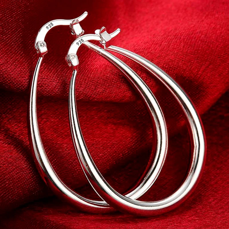 

100% 41MM 925 Sterling Silver Smooth Circle Big Hoop Earrings for Women Lady Fashion Charm High Quality Wedding Jewelry Gift