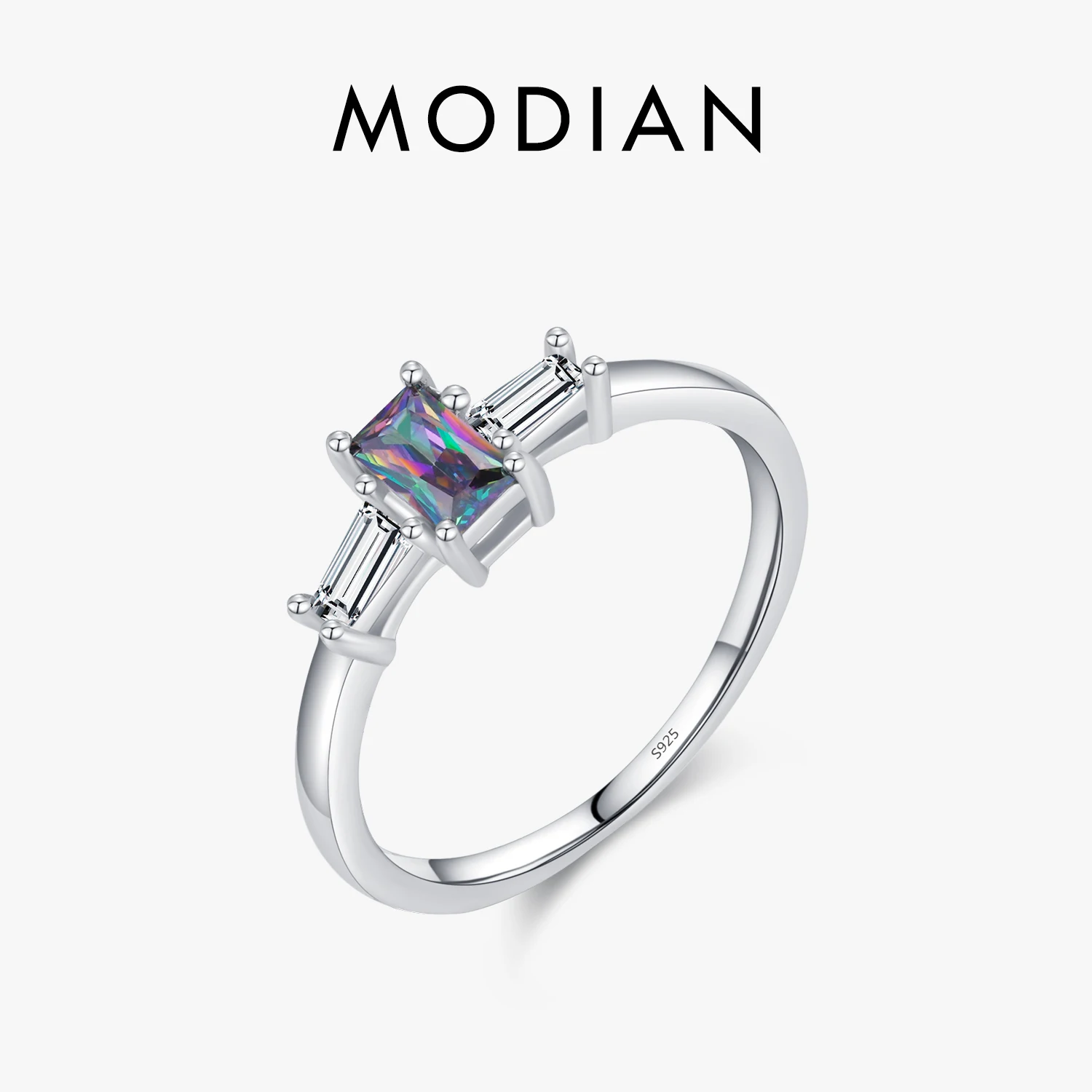 MODIAN 925 Sterling Silver Colorful Rectangle Zircon Classic Wedding Ring For Women Engagement Fine Jewelry