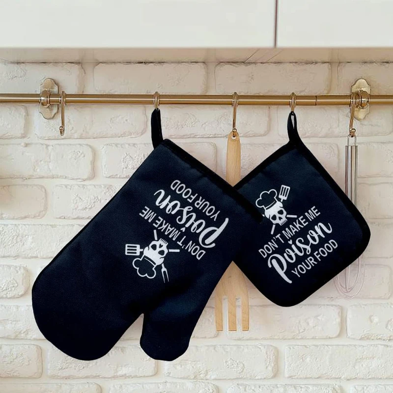Lustige schwarze rutschfeste Ofenhandschuhe und Topflappen aus Silikon, Sets für Zuhause, Küche, Dekoration, Zubehör, Backen, Liebhaber, Hausfrau, Kochen, Geschenk
