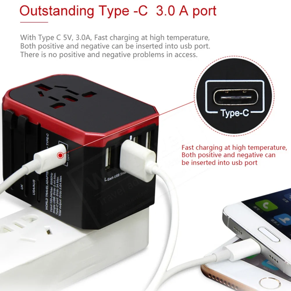 Travel Smart Adapter - International Plug USB Type C Charger for iPhone iPad Android US EU UK AU