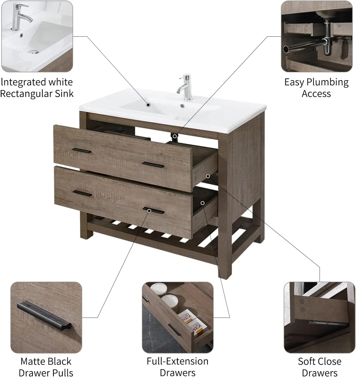 36’’ Bathroom Vanity with Sink Freestanding Cabinet Set Design Resin Basin Undermount Sink 3