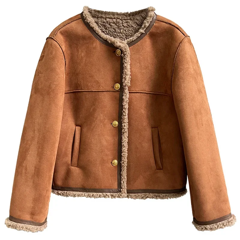 Suede Lamb Plush Casual Jacket Women's Autumn Winter Small Fragrance O NeckLong-sleeved French Double Faced Fur Jacket Female