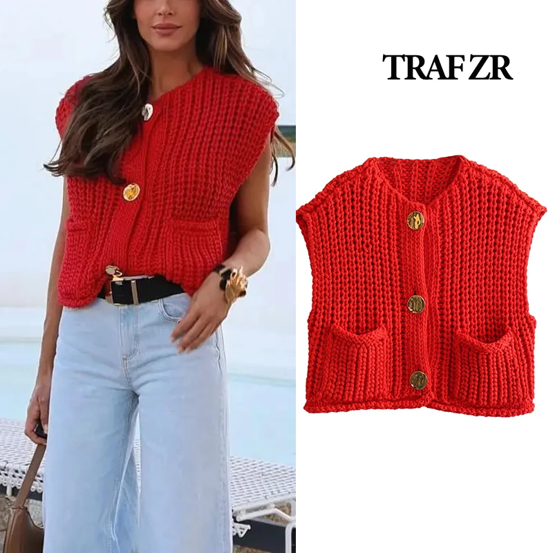 

TRAF ZR Cardigan for Women Knit Wear red Knitted Luxury Cardigan Sweater Women Outerwears Vintage Long Sleeve Bomber Jackets