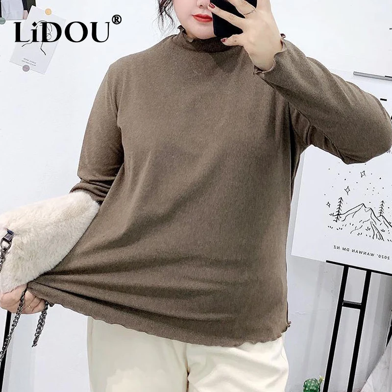 2023 New Sports Chic Fashion Undershirt Harajuku Half Turtleneck Plus Size T-shirts Lace Solid Color Long Sleeved Top Woman