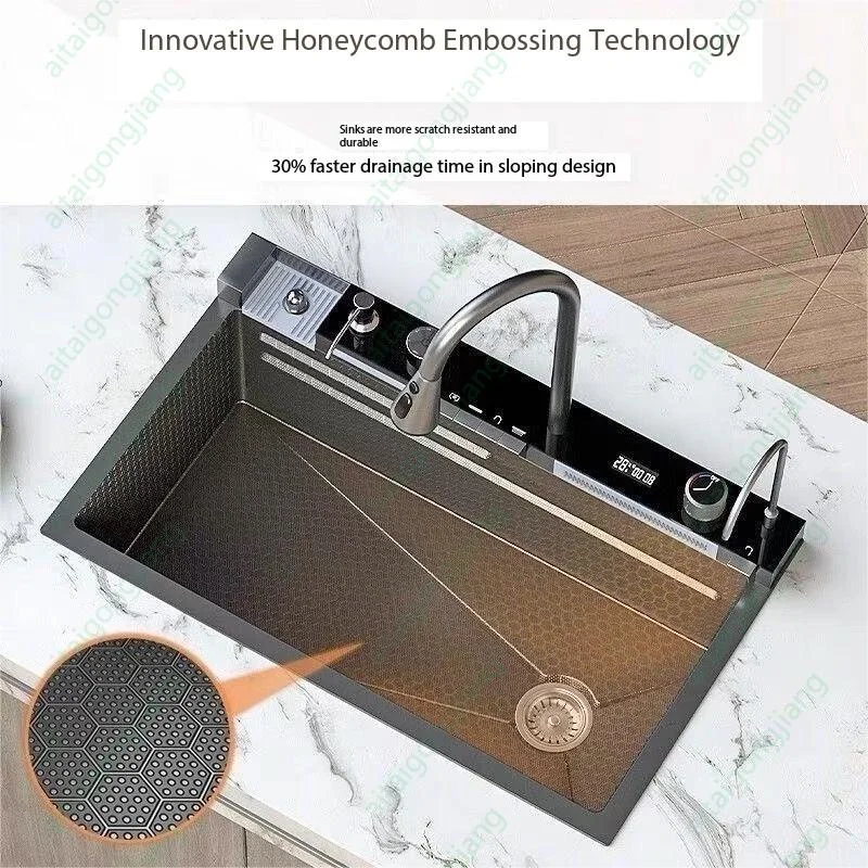 5.0MM Double Waterfall Sink Embossed Stainless Steel Kitchen Sink Large Single Slot Digital Display Wash Basin Dishwashing pond 5