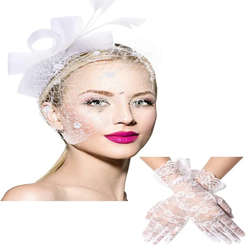 

Fashion lady's Fascinator Hat Bridal Lace Glove Set Birdcage Veil Wedding Chapel Cocktail Tea Party Women Feathered Headpiece